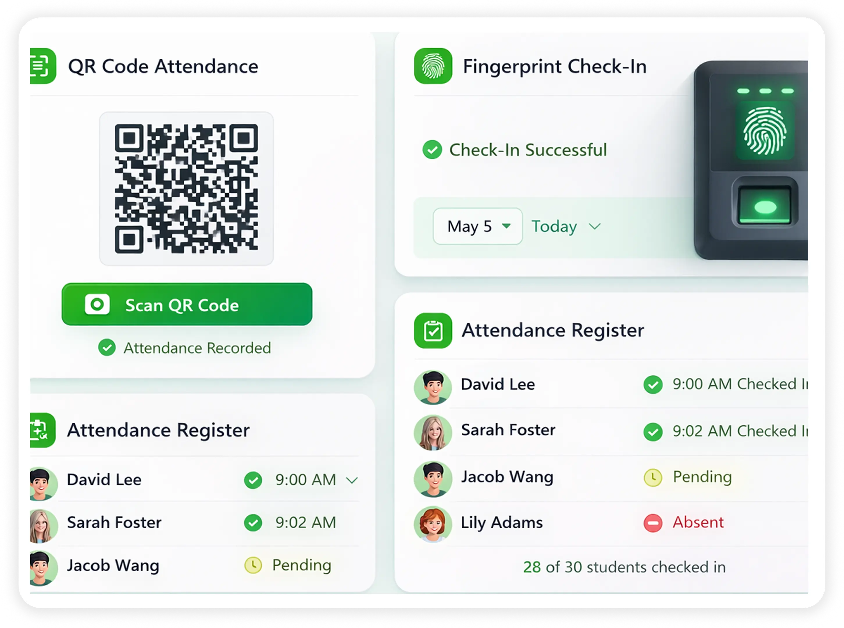 Attendance dashboard showing QR code and register